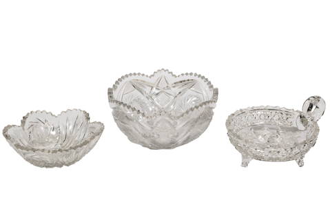 Three Antique American Brilliant Cut Glass Bowls: Three Antique American Brilliant Cut Glass Bowlshobstar and floral motifs, scalloped rims, one with handle; largest h. 3 1/4, dia. 8 in. (3 pcs.)