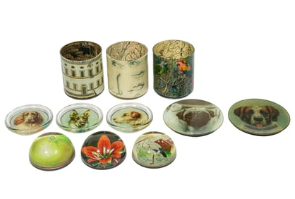 Group of Eleven John Derian Decoupage Glass Table Items