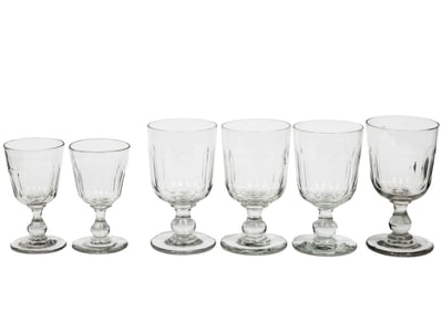 Six Flint Glass Panel Cut Goblets