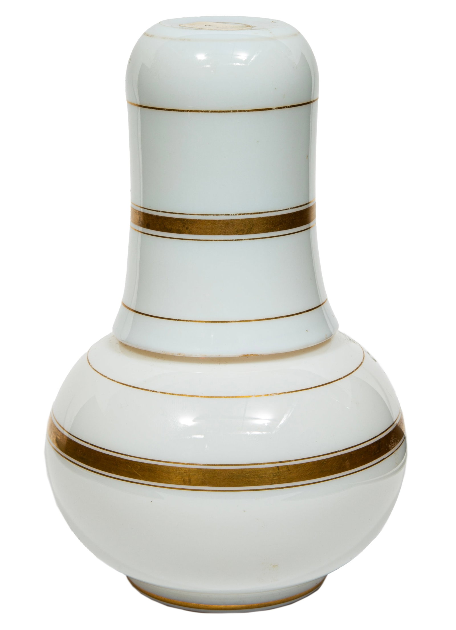 French Gilt-Decorated Opaline Glass Bedside Carafe with Tumbler: French Gilt-Decorated Opaline Glass Bedside Carafe with Tumbler19th c., h. 7 3/4 in. (2 pcs.)