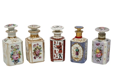 Five Paris Polychrome and Gilt Porcelain Scent Bottles