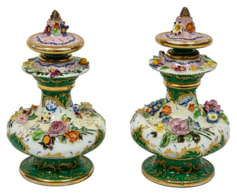 Pair of Jacob Petit Paris Polychrome and Gilt Porcelain Floral Encrusted Scent Bottles