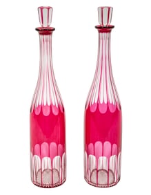 Pair of Cranberry Cut-to-Clear Glass Decanters