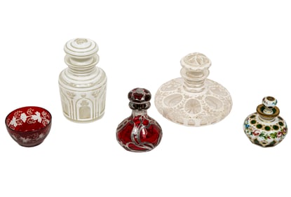 Four Glass Scent Bottles and Small Glass Bowl