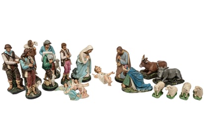 Large Creche Nativity Chalkware Set with Seventeen Figures
