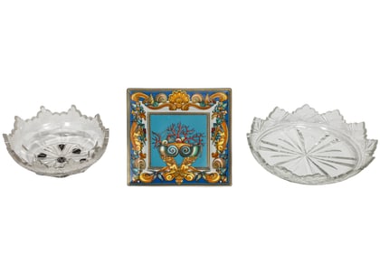 Versace "Les Tresors de la Mer" Plate and Two Antique Etched and Cut Glass Bowls