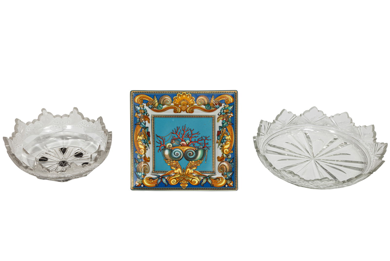 Versace "Les Tresors de la Mer" Plate and Two Antique Etched and Cut Glass Bowls: Versace "Les Tresors de la Mer" Plate and Two Antique Etched and Cut Glass Bowlsbowls with scalloped rims, largest dia. 10 3/4 in.