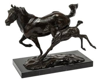 Bronze Figural Group of "Mare and Foal" 9 x 4 x 12 in. (22.9 x 10.2 x 30.5 cm.)