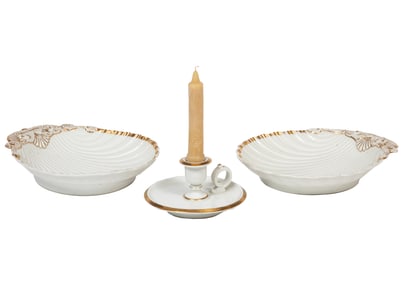 Paris Porcelain "Anneau d'Or" Candleholder and Two Shell Form Dishes