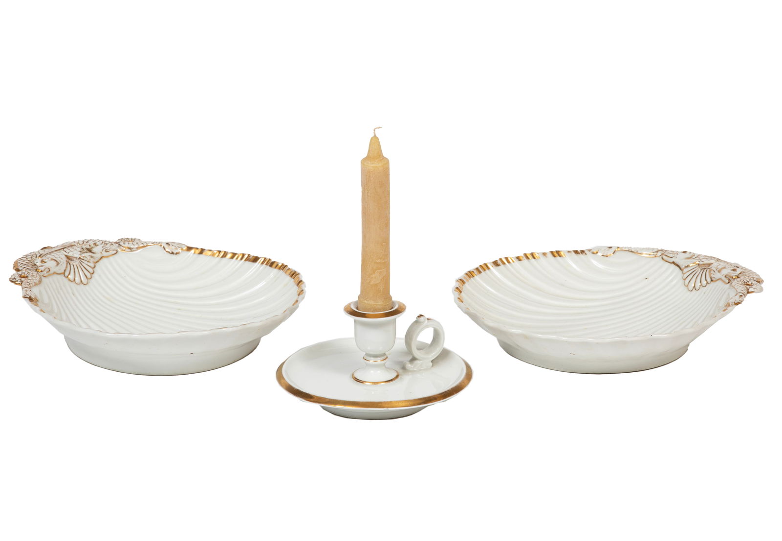 Paris Porcelain "Anneau d'Or" Candleholder and Two Shell Form Dishes (1 of 2)