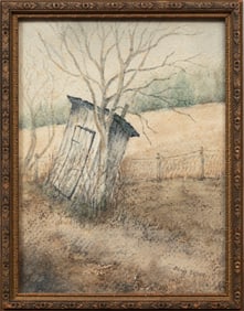 Edna Eagen, American 20th c., "Outhouse", watercolor on paper, 8 x 6 in. (20.3 x 15.2 cm.), Frame: 8