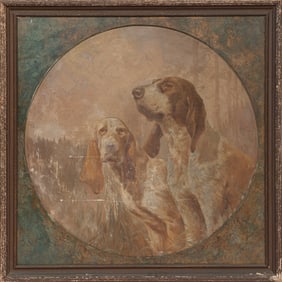American School 1929, "Hunting Dogs", oil on board, 45 3/4 x 45 1/2 in. (116.2 x 115.6 cm.), Frame: