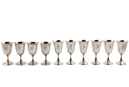 Associated Set of Ten American Sterling Silver Water Goblets, H. 6 1/8 in. to 6 3/4 in., total