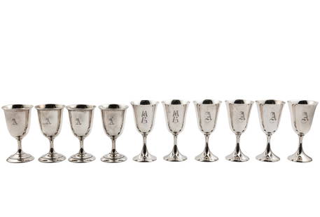 Associated Set of Ten American Sterling Silver Water Goblets, H. 6 1/8 in. to 6 3/4 in., total: Associated Set of Ten American Sterling Silver Water Goblets,mid-20th c., incl. 4 Weidlich, 2 Ellmore and 4 with no makers marks,H. 6 1/8 in. to 6 3/4 in., total weight 51.65 troy ozs.
