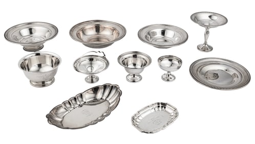 Estate Collection of Sterling Silver Skeet Shooting Trophies, largest length (bread tray) 11 1/8