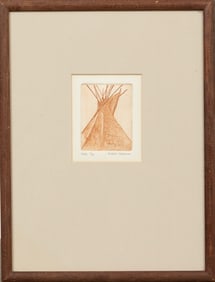 Robert Freeman, Luiseño-Sioux/California 1939-2019, "Tipi", etching, 7 1/8 x 4 5/8 in., Frame: