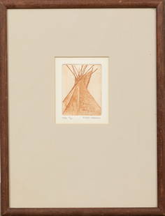 Robert Freeman, Luiseño-Sioux/California 1939-2019, "Tipi", etching, 7 1/8 x 4 5/8 in., Frame:: Robert Freeman, Luiseño-Sioux/California 1939-2019, "Tipi", etching, 7 1/8 x 4 5/8 in. (18.1 x 11.7 cm.), Frame: 12 3/4 x 9 3/4 x 3/4 in. (32.4 x 24.8 x 1.9 cm.)