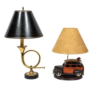 French Horn Table Lamp and "Woody Van" Table Lamp