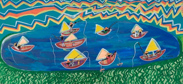 Ruth Robinson, American/Alabama b. 1952, "Lake McCall on Fouth [sic] of July", oil on board, 22 1/2