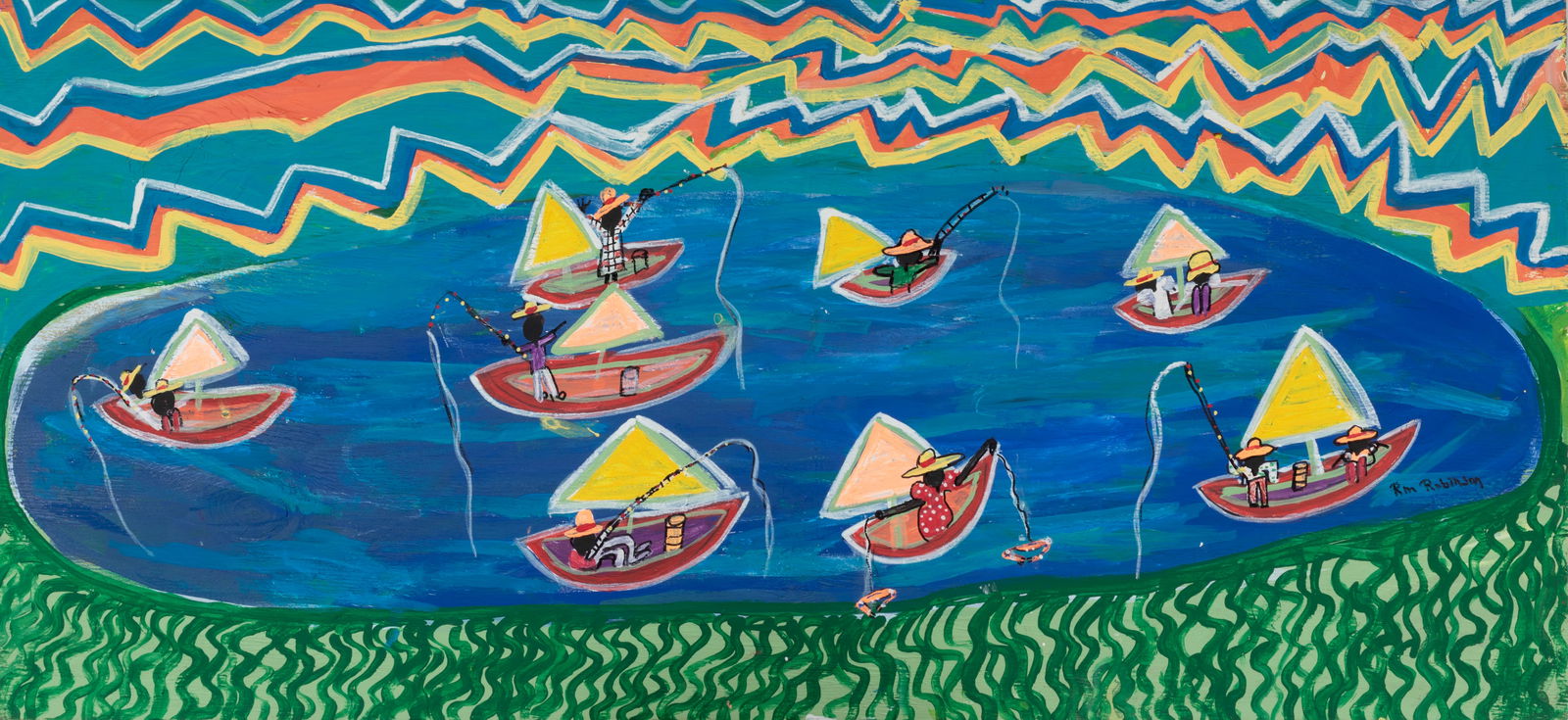 Ruth Robinson, American/Alabama b. 1952, "Lake McCall on Fouth [sic] of July", oil on board, 22 1/2 (1 of 3)