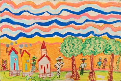 Ruth Robinson, American/Alabama b. 1952, "Sunday Church", oil on board, 15 3/4 x 23 3/4 in. (40 x