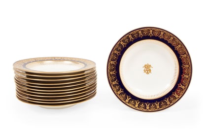 Twelve Antique English Cobalt and Gilt Porcelain Soup Plates