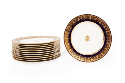 Twelve Antique English Cobalt and Gilt Porcelain Dinner Plates