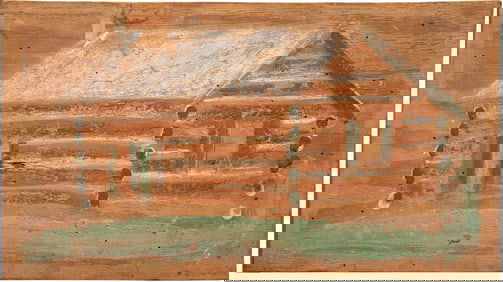 Jimmie Lee Sudduth, American/Alabama 1910-2007, "Cabin", mud, paint and graphite on found panel, 15