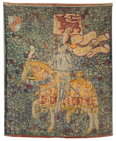 Tapestry of Medieval Knight on Horseback with English Heraldic Shield