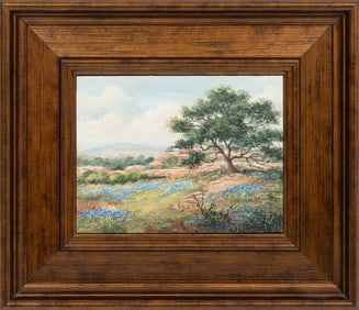 Welda Armour, American/Texas 1929-2021, "Just Outside San Antonio", acrylic on panel, 6 3/4 x 8 3/4