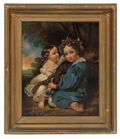 American School 19th c., "Children and their Dog", oil on canvas, 27 1/2 x 23 in. (69.9 x 58.4 cm.),