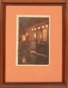 Hiroshi Yoshida, Japanese 1876-1950, "A Little Restaurant", woodblock print, 14 1/2 x 9 1/2 in.