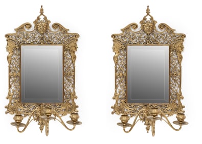 Pair of English Brass Aesthetic Three-Light Mirrored Sconces