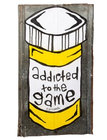 Dirt Cobain, American/California b. 1981, "Addicted to the Game", mixed media and wheatpaste on