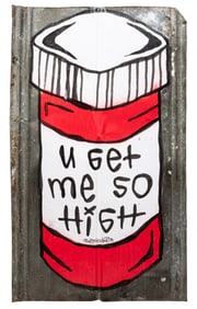 Dirt Cobain, American/California b. 1981, "You Get Me So High", mixed media and wheatpaste on found