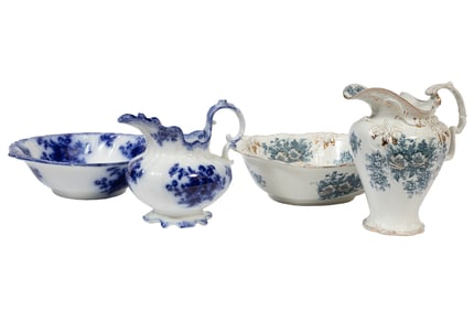 Two English Ironstone Pitchers with Basins