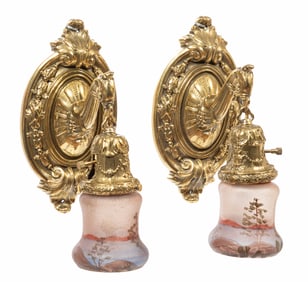 Pair of American Brass and Painted Glass Bell Sconces
