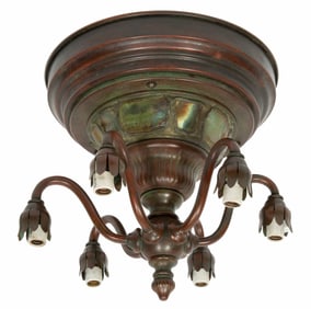 Tiffany-Style Bronze, Copper and Turtle Back Glass Six-Light Ceiling Light
