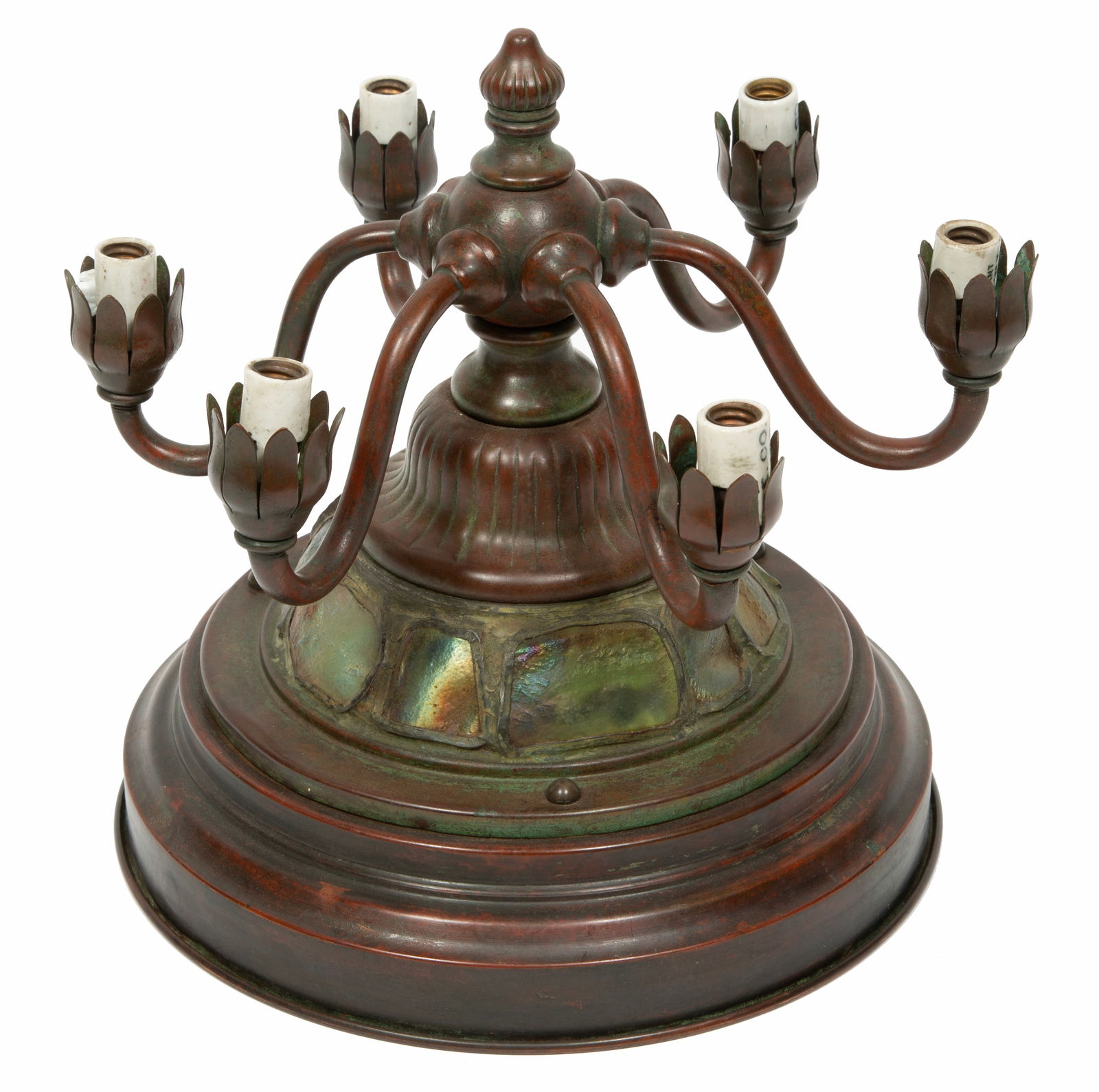 Tiffany-Style Bronze, Copper and Turtle Back Glass Six-Light Ceiling Light (1 of 4)