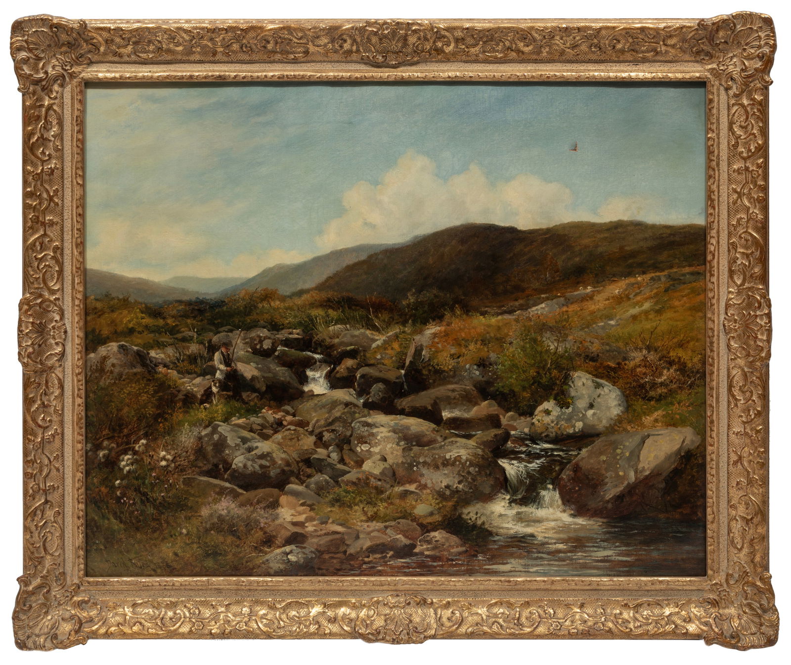 David Bates, British 1840-1921, "A Study Near the Source of the Llugwy", oil on canvas, 24 x 30 in.: David BatesBritish, 1840-1921"A Study Near the Source of the Llugwy"oil on canvas1886, signed and dated lower left, signed, titled and dated "1885-6" en verso, framed24 x 30 in. (6