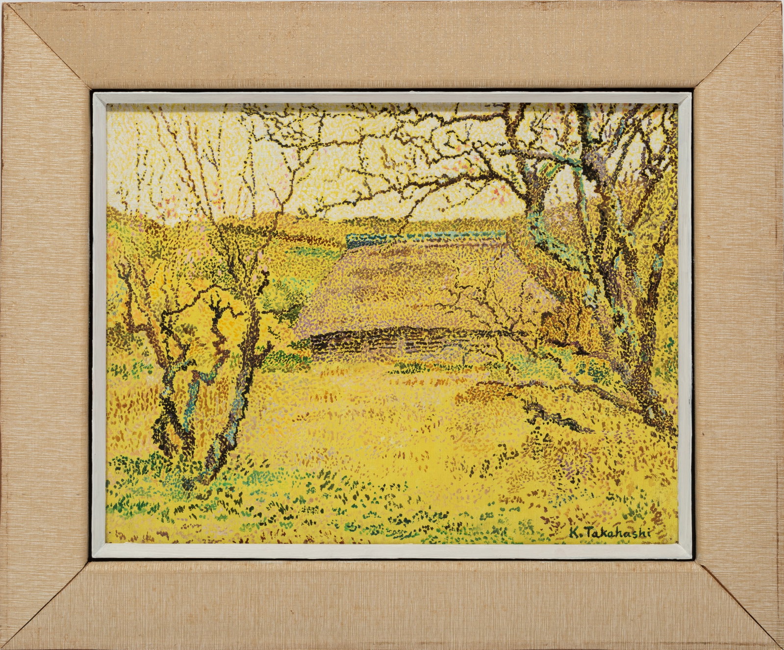 Japanese School 20th c., "Yellow Woods", acrylic on canvas, 12 3/4 x 16 1/4 in. (32.4 x 41.3 cm.),: Japanese School 20th c. "Yellow Woods" acrylic on canvas signed "K. Takahashi" lower right, framed. 12 3/4 x 16 1/4 in. (32.4 x 41.3 cm.), Frame: 17 3/4 x 21 1/2 x 1 1/2 in. (45.1 
