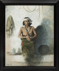 Allen F. Bahe, American/Arizona b. 1959, "Morning Coffee", acrylic on canvas, 20 x 16 in. (50.8 x