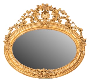 Large Louis XVI-Style Carved Giltwood Oval Mirror, 19th c.