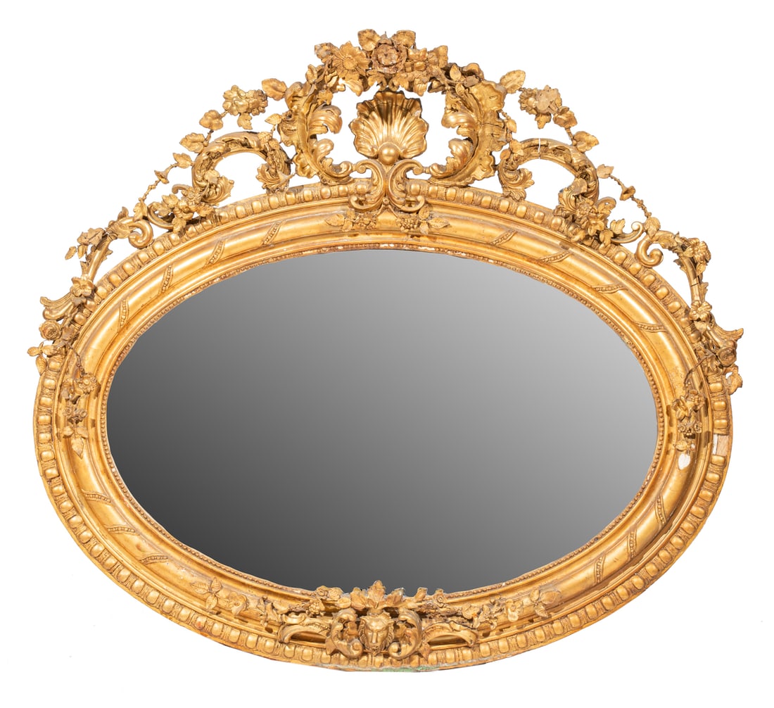 Large Louis XVI-Style Carved Giltwood Oval Mirror, 19th c. (1 of 1)
