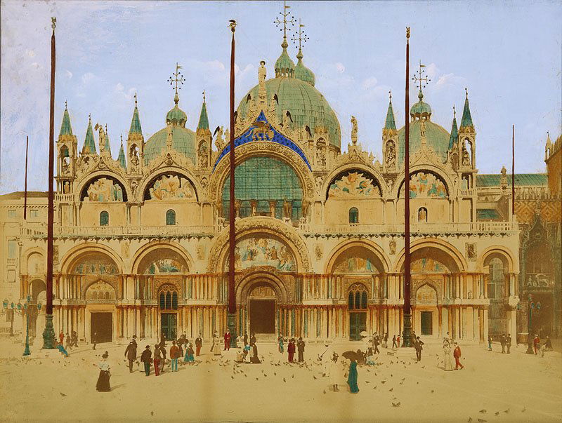 Photograph of Cathedral Basilica of St Mark: A Hand-Colored Photograph of Basilica Cattedrale Patriarcale di San Marco (Patriarchal Cathedral Basilica of Saint Mark), Venice, Italy, watercolor enhanced photograph, 17 in. x 22 3/4 in., period fra