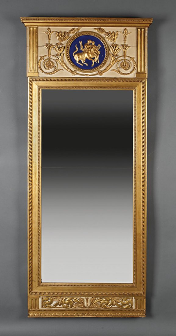 Gustavian Carved and Gilded Pier Mirror: An Antique Gustavian Carved and Gilded Pier Mirror, 19th c., beaded cornice, frieze with laurel leaf scrolls centered with a roundel of a centaur, guilloche and bead frame, divided mirror plate, heigh