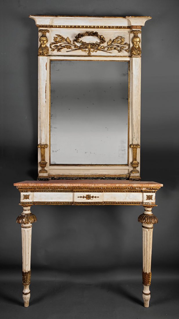 Italian Carved, Painted, Gilt Mirror and Console: An Italian Carved, Painted and Gilt Mirror and Console, late 18th/early 19th c., mirror with stepped cornice, frieze with floral foliate trophee, Classically draped maidens atop pilasters; en suite co