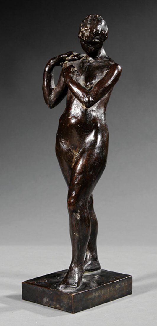 Barbara Henry (American, 20th c.): Barbara Henry (American, 20th c.), "Nude at Her Toilette", mid-20th c., bronze, signed, "Roman Bronze Works, N.Y." foundry mark, height 14 in., width 4 3/4 in., depth 4 1/2 in Provenance: The Headley-