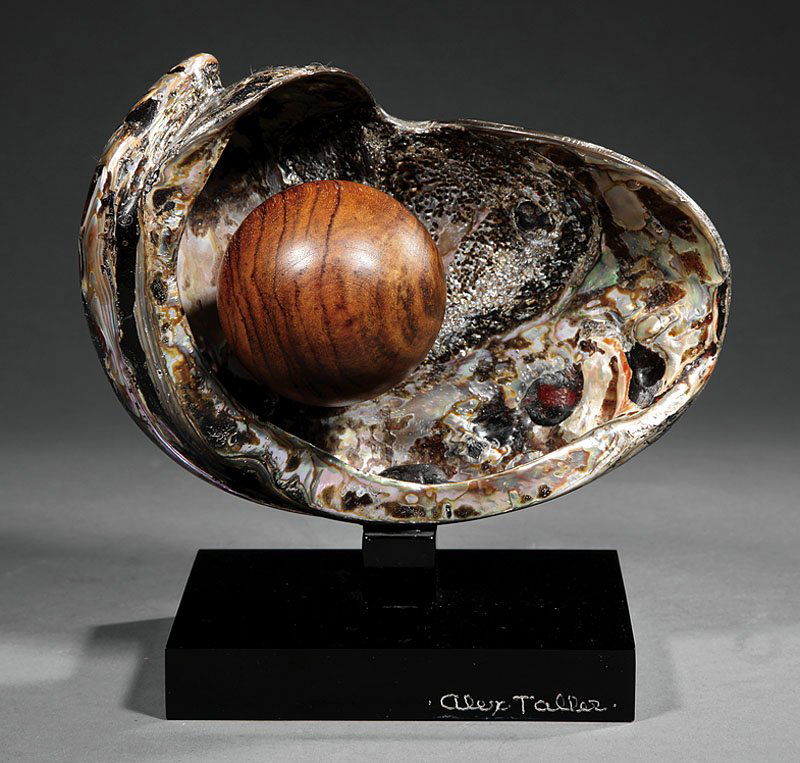 Alex Taller (American, 1899-1975): Alex Taller (American, 1899-1975), "Sphere", resin coated and polished abalone shell mounted with tropical hardwood sphere, mounted to a granite base, incised signature on base, overall height 8 1/4 i