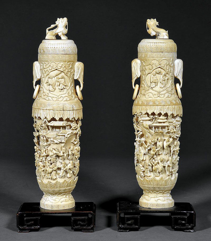Pair of Chinese Carved Ivory Covered Vases